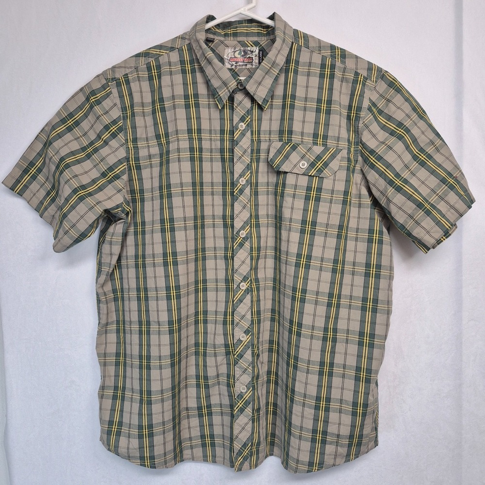 Mossy Oak Mens Outdoors Sport Short Sleeve Button Up Shirt Size XXL Green Plaid